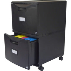 A sleek black filing cabinet with two drawers, ideal for storing files and paperwork in an office setting.