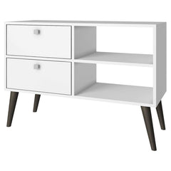 A white sideboard with two drawers and a shelf, designed for functional storage and aesthetic appeal.