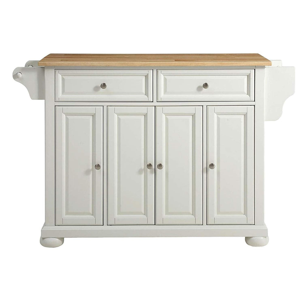 A white kitchen island with multiple drawers and a warm wooden top, providing both functionality and style.