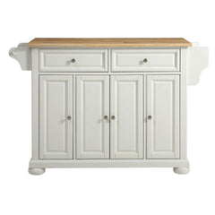 A white kitchen island with multiple drawers and a warm wooden top, providing both functionality and style.