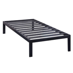 A sleek black metal bed frame with sturdy slats, designed for durability and contemporary style.