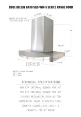 RA3836SQB-WM-5 Deluxe 36" Wall Mount Range Hood, 3-Speed, 700 CFM, LED Lights, Baffle Filters, Stainless steel