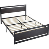 A metal bed frame supported by wooden slats, designed for durability and style.