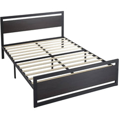 A metal bed frame supported by wooden slats, designed for durability and style.