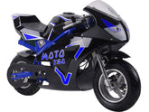 A compact black and blue motorcycle on a plain white background.