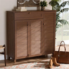 Coolidge Modern and Contemporary Walnut Finished 11-Shelf Wood Shoe Storage Cabinet with Drawer