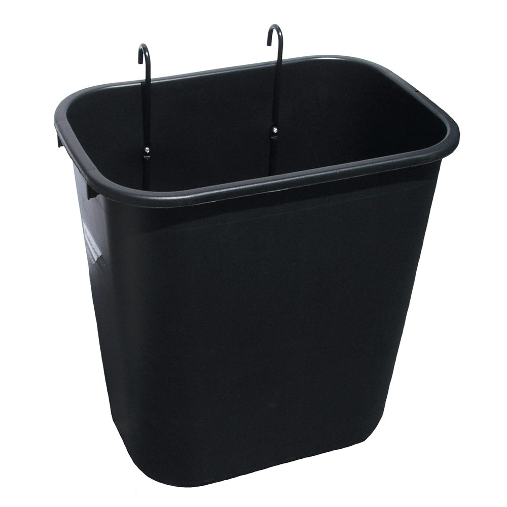 A black plastic trash can equipped with two side hooks for convenient storage or hanging purposes.
