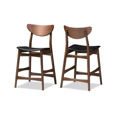 Baxton Studio 2 Piece Latina Scandinavian Style Faux Leather Upholstered Walnut Counter Stool Set, 24", Black