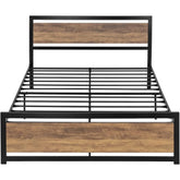 A modern bed frame with a combination of wooden slats and a robust metal frame, ideal for contemporary bedrooms.