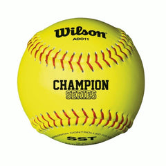 Close-up of the Wilson AA1 Softball Champion Series, showcasing its vibrant yellow color and championship logo.