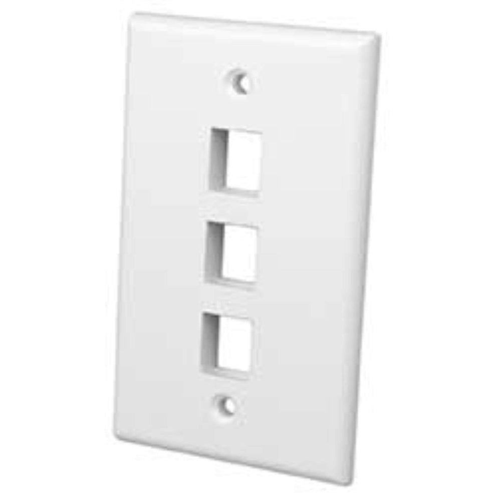 A white wall plate featuring four evenly spaced holes for electrical or mounting purposes.