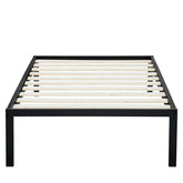 A sleek black metal bed frame complemented by wooden slats for a modern look.