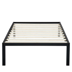 A sleek black metal bed frame complemented by wooden slats for a modern look.