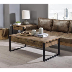 Aflo Square Wooden End Table with Storage Drawer in Weathered Oak and Black
