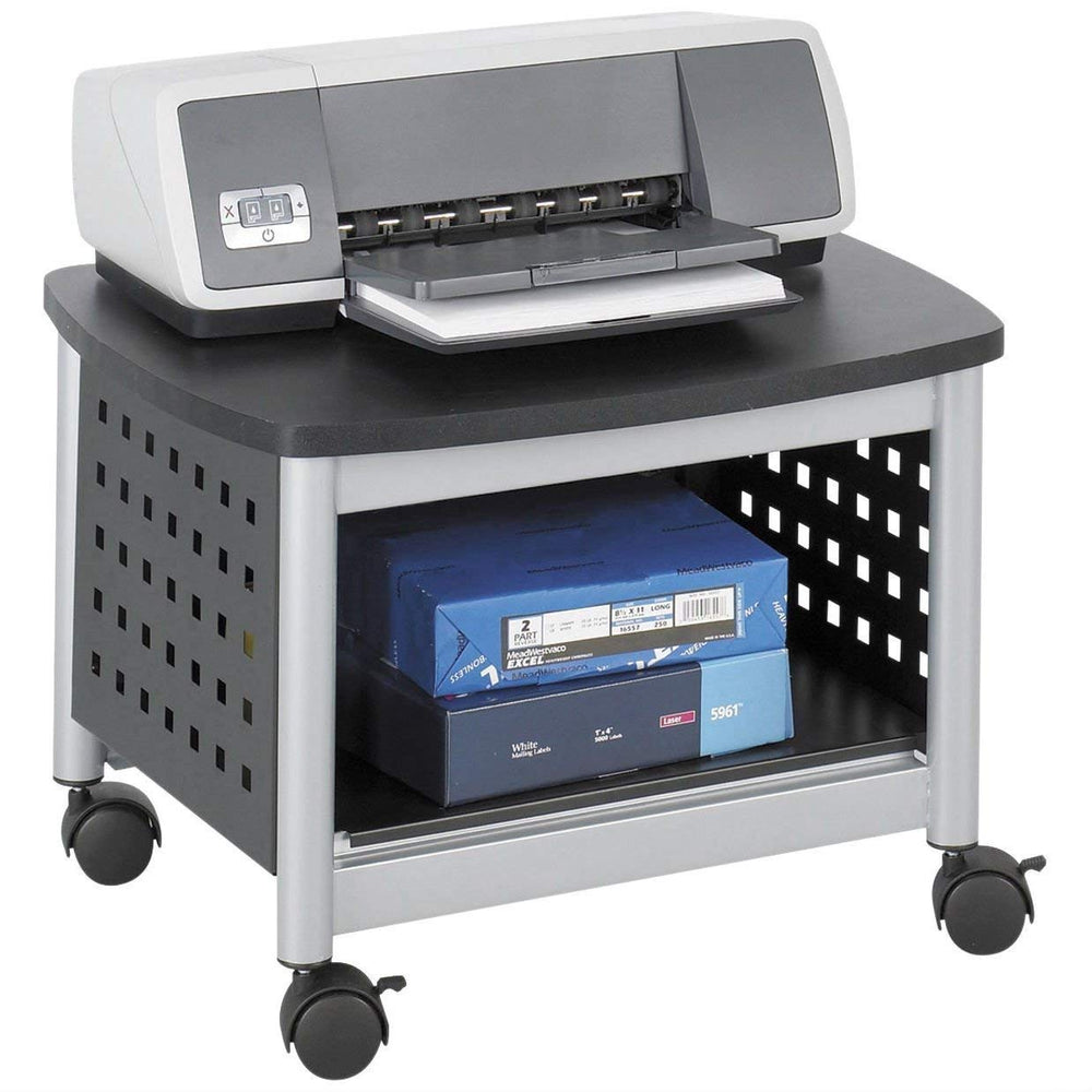 A printer situated on a cart, topped with a box, illustrating a functional workspace arrangement.