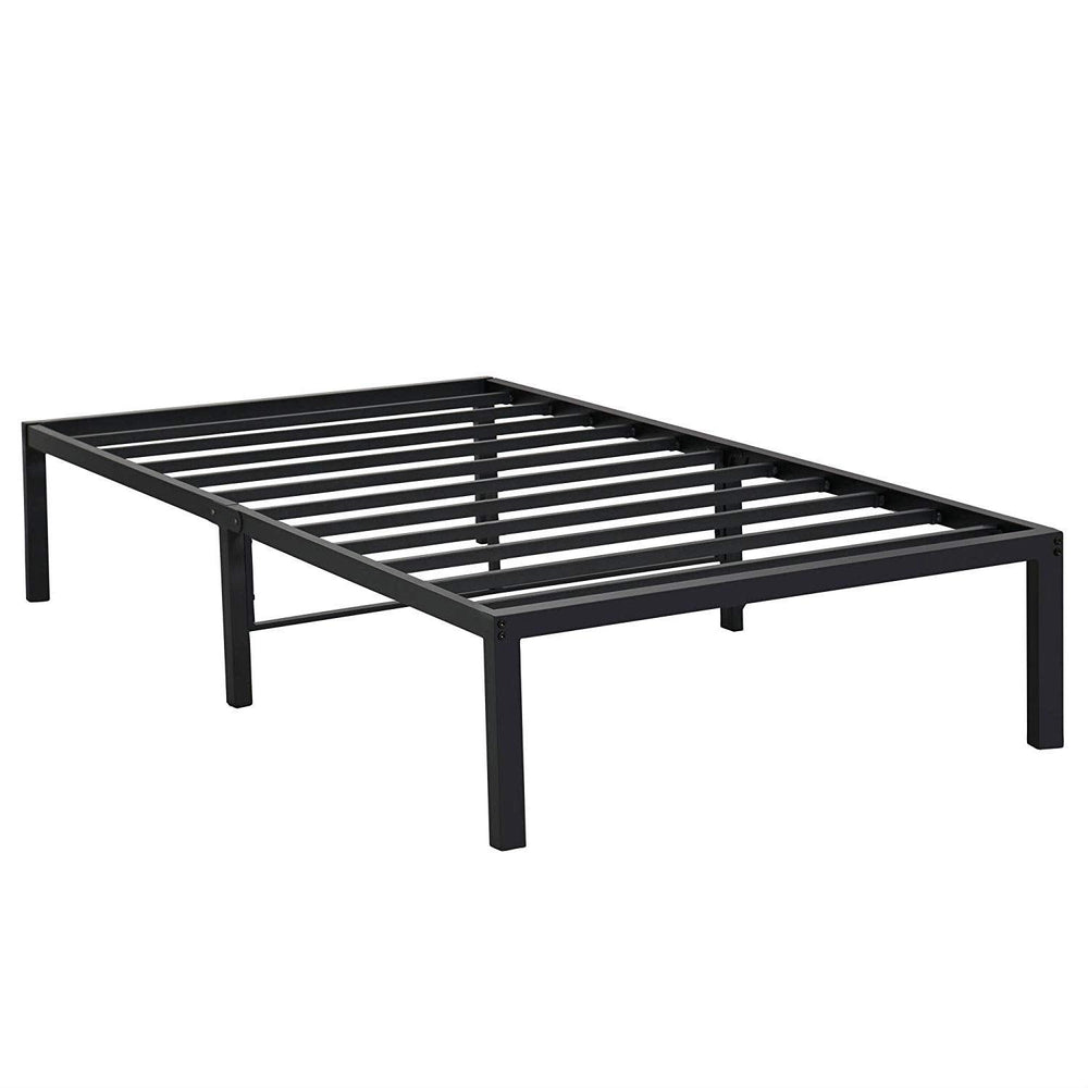 A black metal bed frame showcasing a minimalist design, perfect for contemporary bedroom decor.
