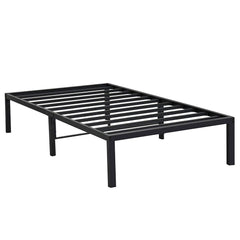 A black metal bed frame showcasing a minimalist design, perfect for contemporary bedroom decor.