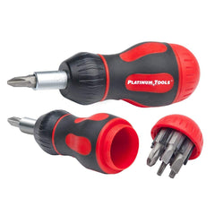 A red and black screwdriver featuring a bit, highlighting its tool design and practical use.