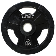 Champion 25 lb black rubber weight plate for Olympic barbells, featuring a durable design for weightlifting exercises.