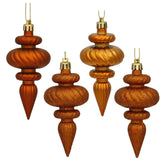 4 Inch 4-Finish Finial Ornament, Shatterproof Plastic Christmas Tree Decoration, 8 Pack, Burnished Orange Shiny, Matte, Glitter and Sequin Finishes