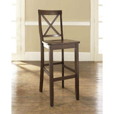 A wooden bar stool with a cross back, designed for comfort and style, suitable for kitchen or dining areas.