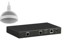 A microphone sits next to a computer on a white background, highlighting a modern workspace setup.