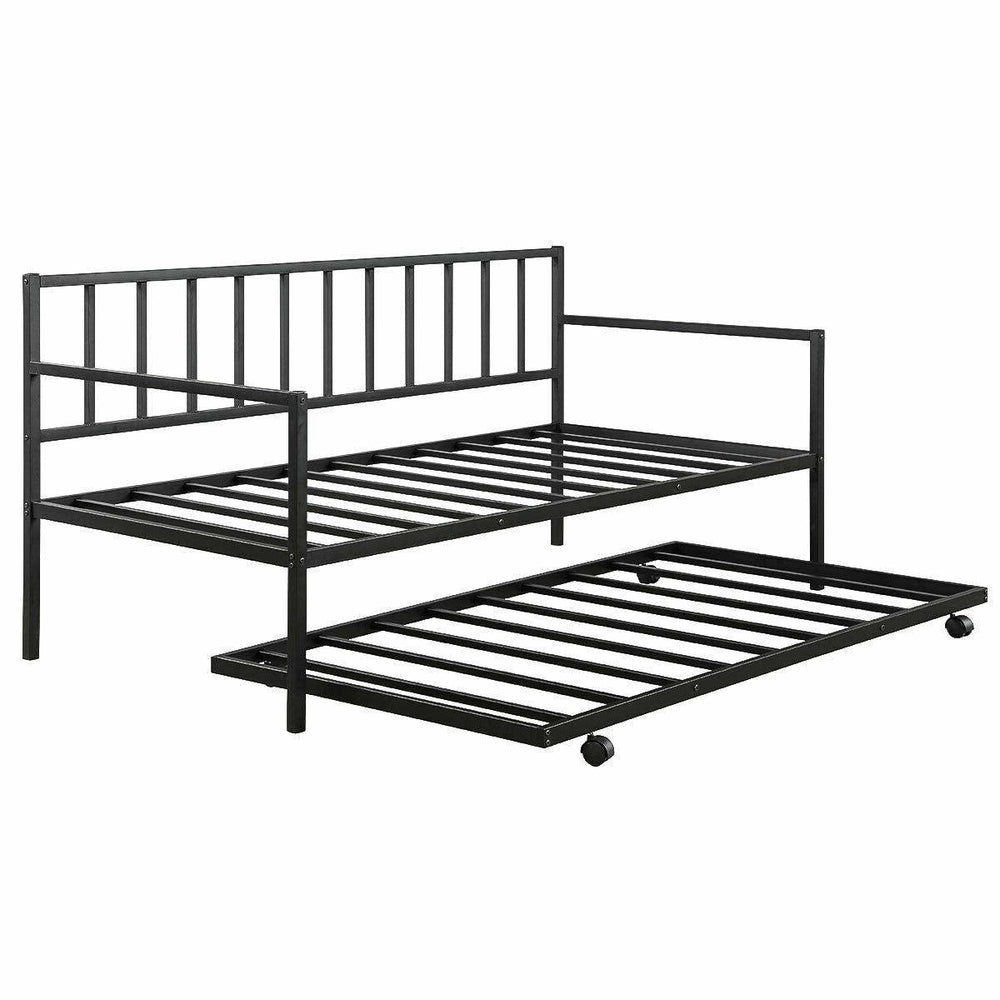 A black metal day bed equipped with wheels, combining functionality and contemporary design for easy relocation.