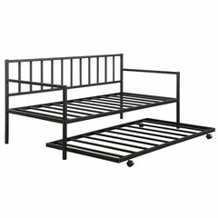 A black metal day bed equipped with wheels, combining functionality and contemporary design for easy relocation.
