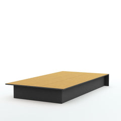 A black and yellow table with a wooden surface, highlighting a vibrant color scheme and sleek design.