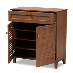 Coolidge Modern and Contemporary Walnut Finished 4-Shelf Wood Shoe Storage Cabinet with Drawer