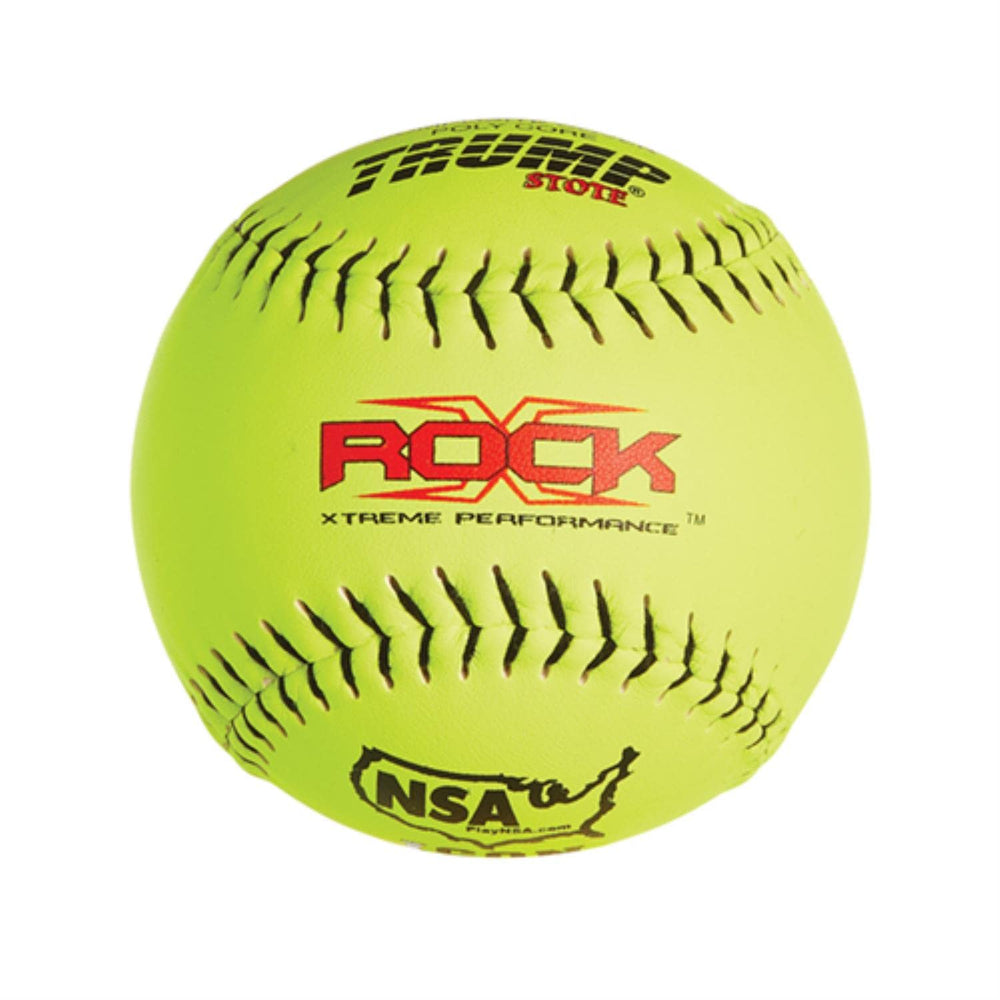 A bright yellow softball with the word rock displayed prominently on it.