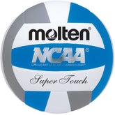 A molten NCAA Super Touch volleyball, featuring a bright design and smooth texture, ideal for competitive play.