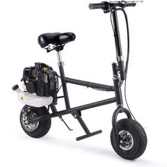 A black scooter with a gas engine, highlighting its sporty look and compact frame against a neutral background.