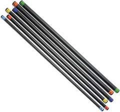 Four black and green poles with distinct colored handles, showcasing a variety of grip styles for users.
