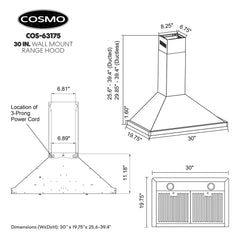 COS-63175 30 in. Vista Collection 380 CFM Ducted Wall Mount Range Hood, Button Controls, LED Lights, Stainless Steel
