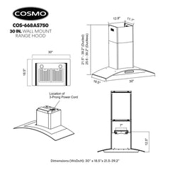 COS-668AS750 30 in. Vista Collection 380 CFM Ducted Wall Mount Range Hood, Touch Controls, LED Lights, Stainless Steel