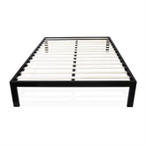 A sleek black metal bed frame with contrasting white slats, emphasizing a contemporary aesthetic.