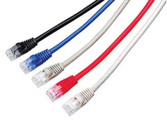 A collection of four colored ethernet cables: red, blue, yellow, and green, displayed side by side.