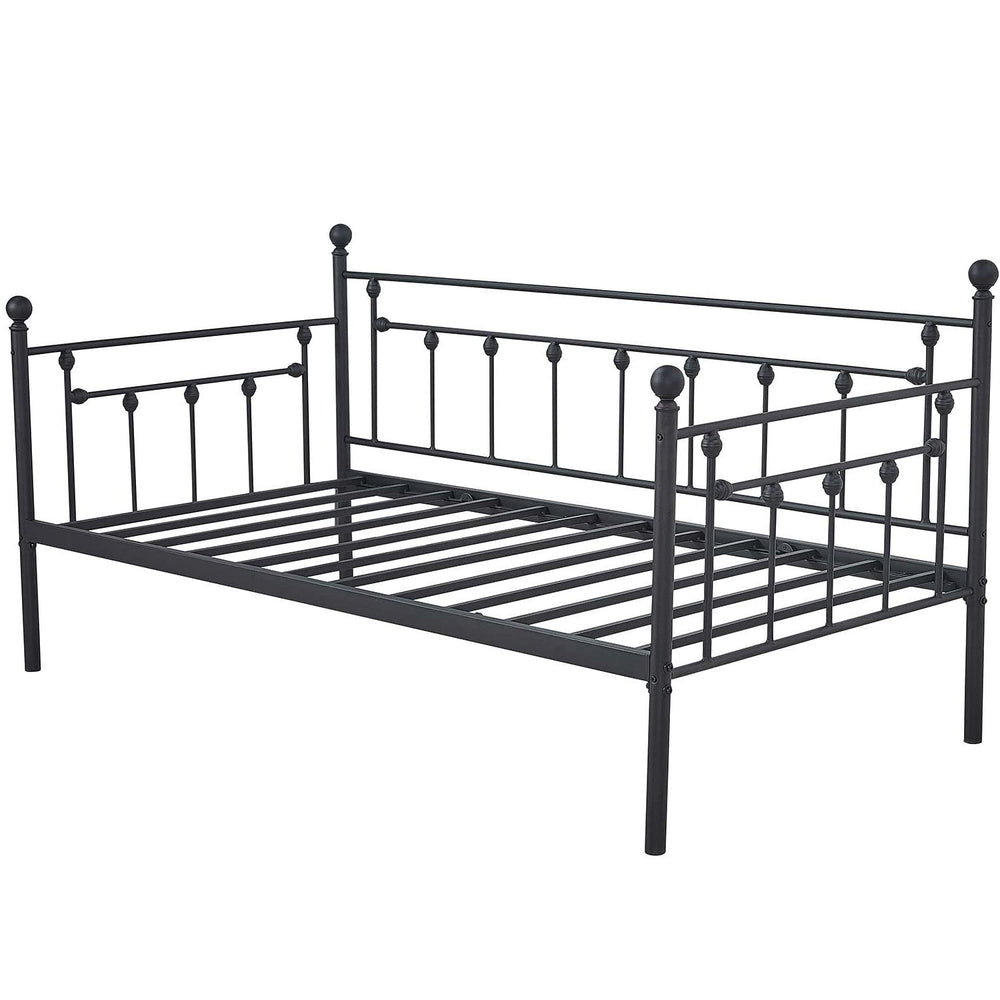 A sleek black metal day bed with a durable metal frame, perfect for adding elegance to a guest room or living space.