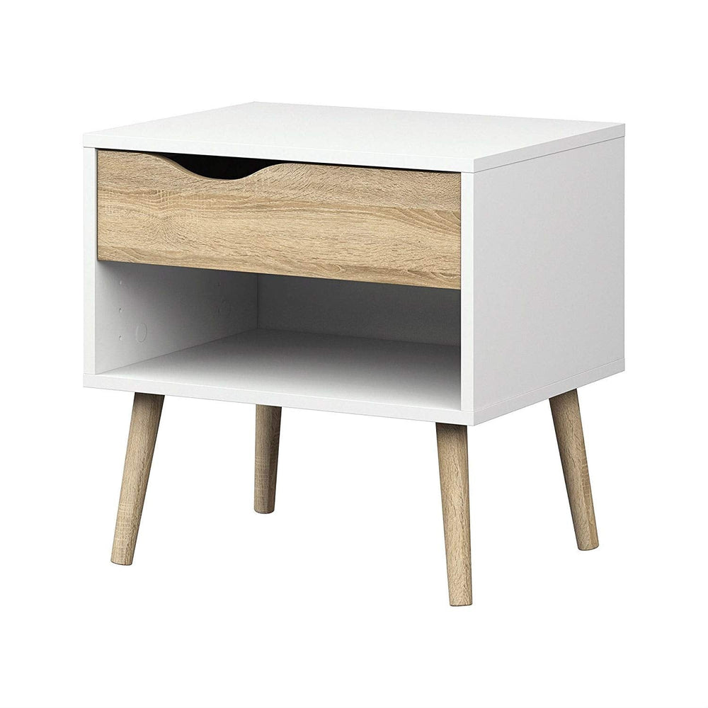 A white nightstand featuring wooden legs and a drawer, ideal for holding books and personal items next to a bed.