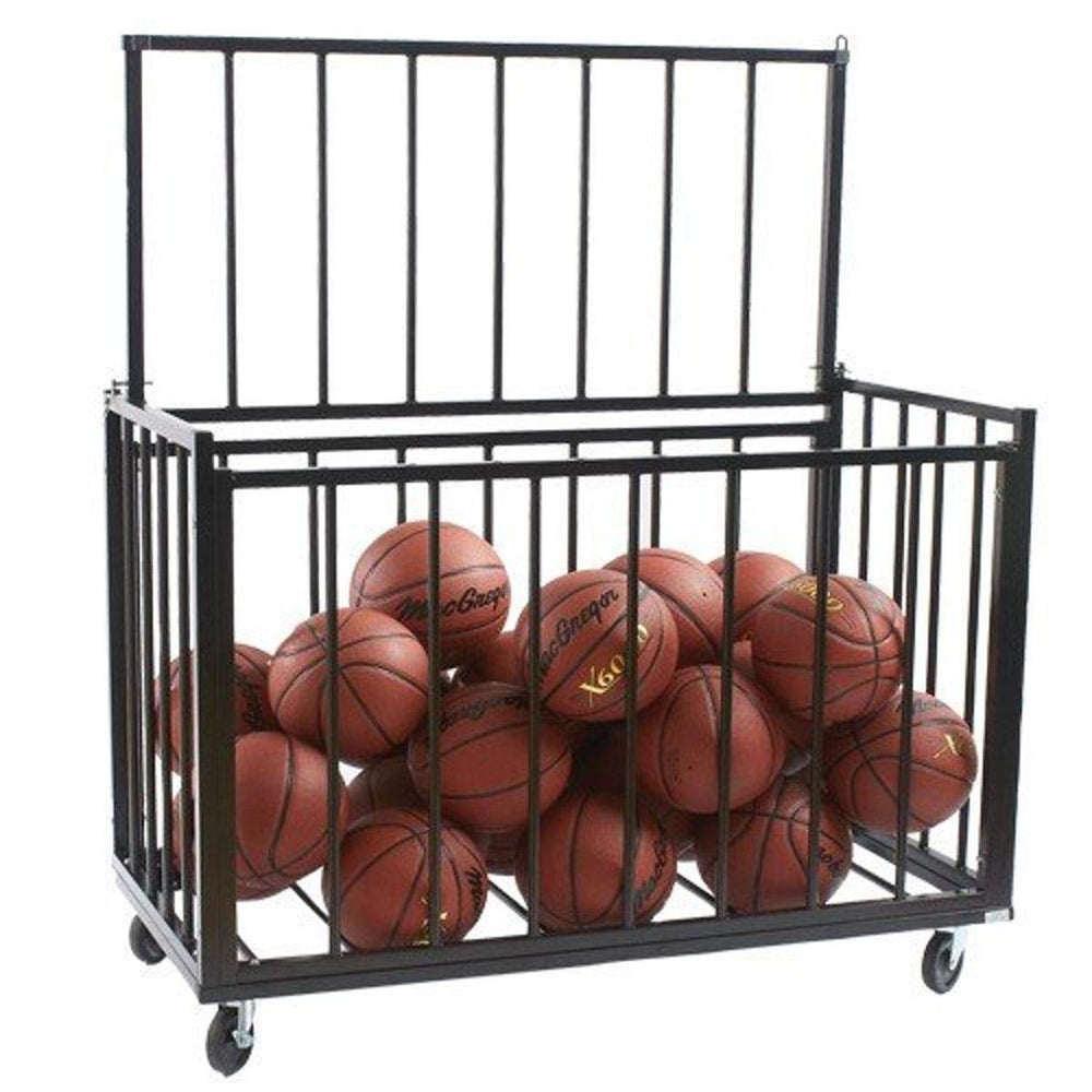 A black metal basket containing multiple basketballs, emphasizing a neat arrangement for sports equipment.