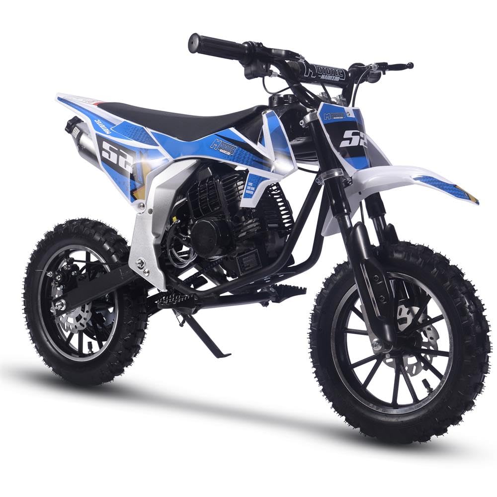 A blue and white dirt bike positioned on a white background, showcasing its design.