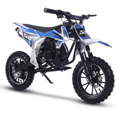 A blue and white dirt bike positioned on a white background, showcasing its design.