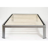 A bed frame constructed with wooden slats, designed to provide sturdy support for a mattress.