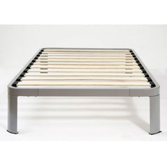 A bed frame constructed with wooden slats, designed to provide sturdy support for a mattress.