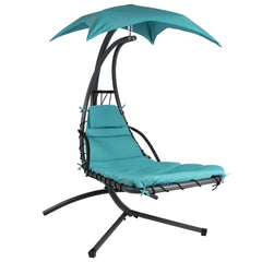 A cozy hanging chair featuring a blue cushion and a protective umbrella, ideal for relaxation outdoors.