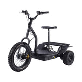 A black electric scooter featuring a seat and a basket for carrying items.