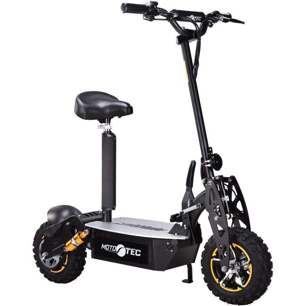 A black electric scooter with yellow wheels, showcasing a modern design suitable for urban commuting.