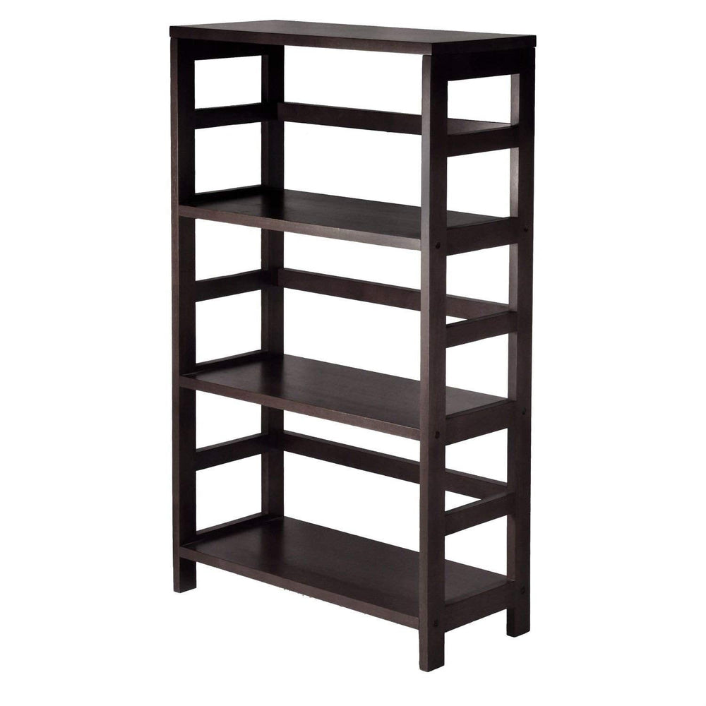 A sleek black bookcase with three spacious shelves, ideal for organizing books and personal belongings.
