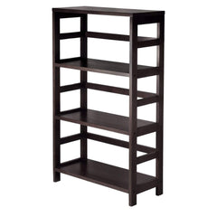A sleek black bookcase with three spacious shelves, ideal for organizing books and personal belongings.
